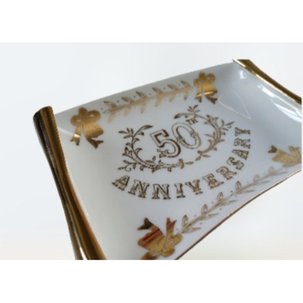 Lefton China 50th Anniversary Hand Painted Trinket Dish or Hanging Wall Scroll - Picture 2 of 4